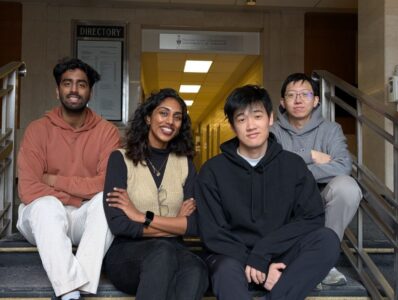 From left to right: Shravan Srinivasan Ranga (current MEng candidate), Madhi Varshini Ramesh (current MEng), , Yichen Sun (former MEng student, current PhD candidate), and Peng Zhao Jiang (current PhD candidate). Photo: Sherry Esfahani